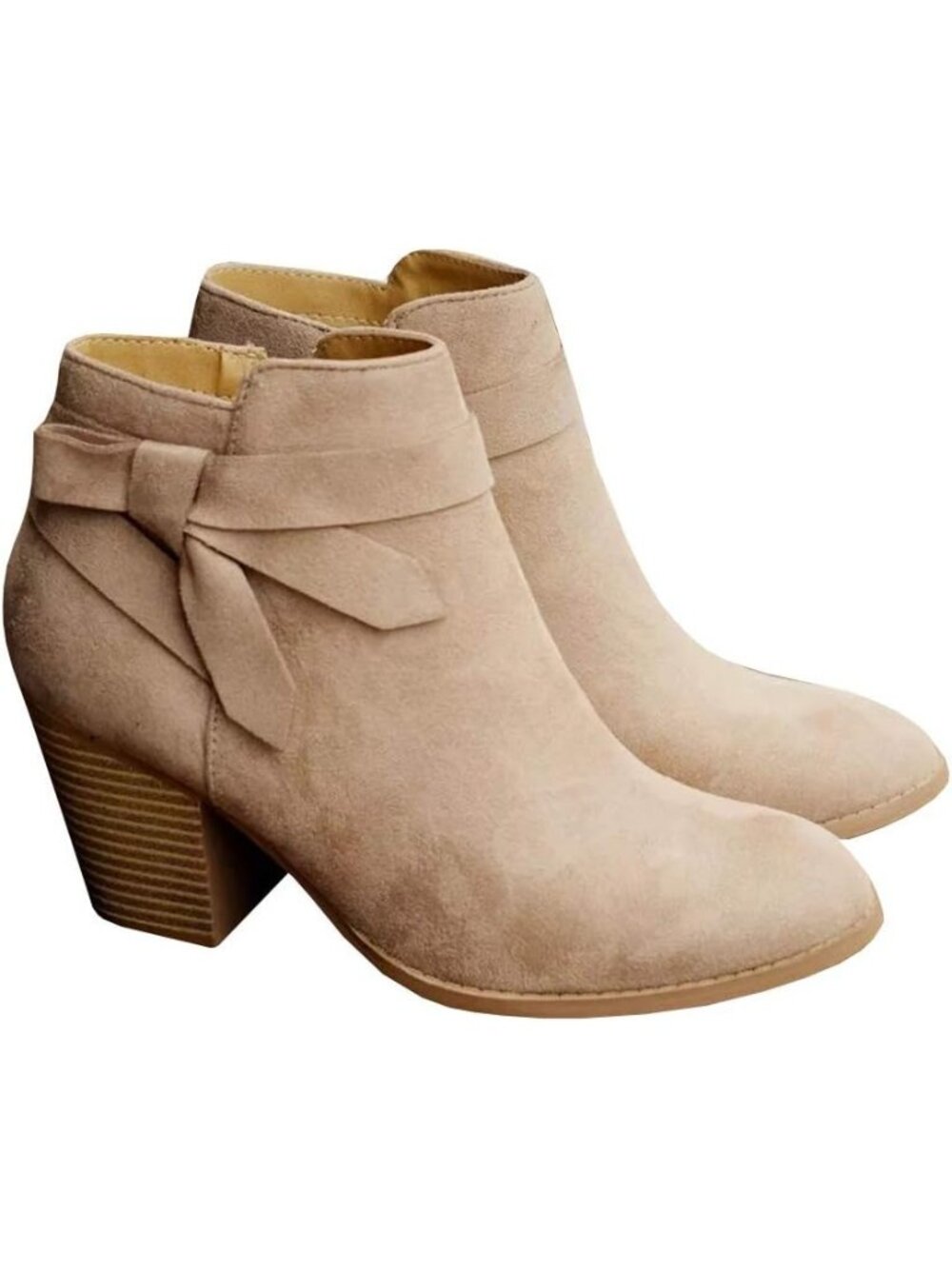 Women's Beige Closed Toe Stacked Heel Tie Knot Side ZIP Chelsea Pump Ankle Boots
